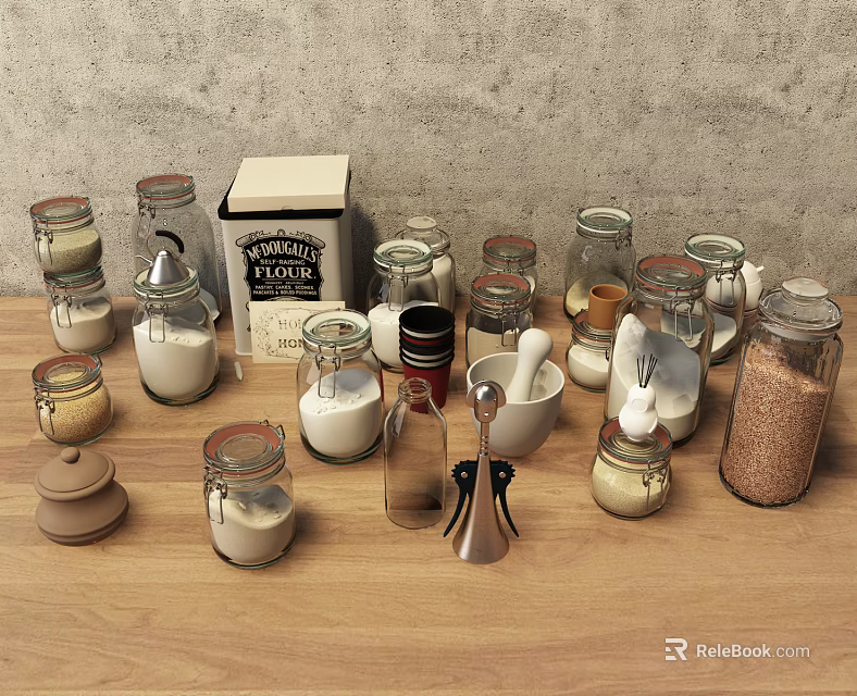 Glass Storage Jars With Vanilla Sugar Box Grinder And Bowl On Wooden Tabletop 3d model 