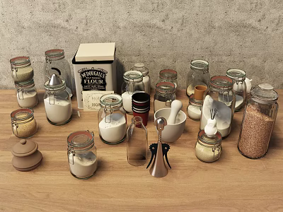 Glass Storage Jars With Vanilla Sugar Box Grinder And Bowl On Wooden Tabletop 3d model