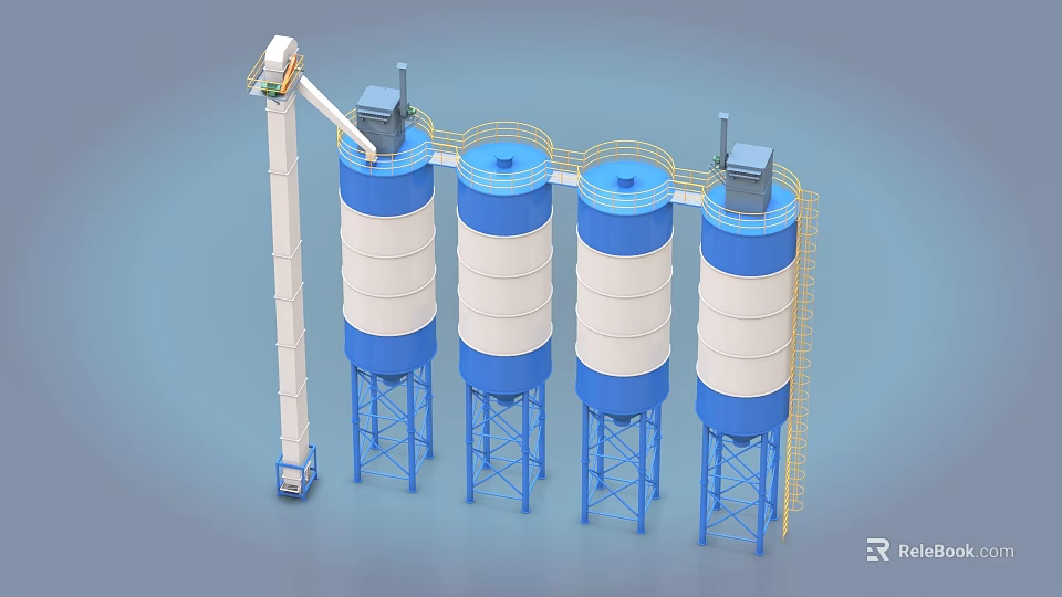Industrial Equipment Large Blue And White Storage Tanks With Conveyor System And Support Structures 3d model 