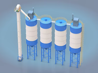 Industrial Equipment Large Blue And White Storage Tanks With Conveyor System And Support Structures 3d model