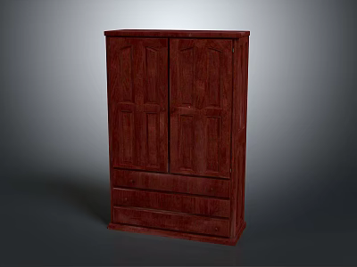 Dark Red Wooden Wardrobe Featuring Double Doors And Bottom Drawers 3d model
