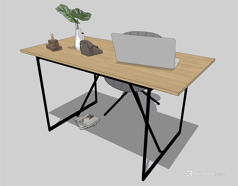 Modern Office Desk With Wooden Tabletop Black Metal Legs Laptop Green Plant And Decorative Items 3d model 