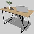 Modern Office Desk With Wooden Tabletop Black Metal Legs Laptop Green Plant And Decorative Items