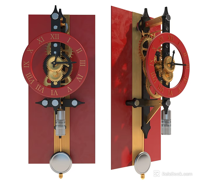 Vintage Red Background Clock With Roman Numerals Exposed Gears And Pendulum 3d model 