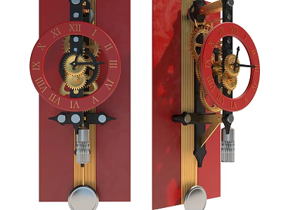 Vintage Red Background Clock With Roman Numerals Exposed Gears And Pendulum 3d model