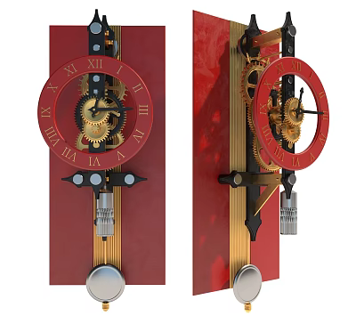 Vintage Red Background Clock With Roman Numerals Exposed Gears And Pendulum 3d model