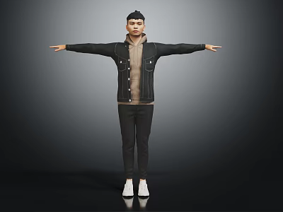 A Man Wearing Black Denim Jacket And Beige Hoodie With Arms Outstretched Against Gray Background 3d model