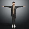 A Man Wearing Black Denim Jacket And Beige Hoodie With Arms Outstretched Against Gray Background 3d model