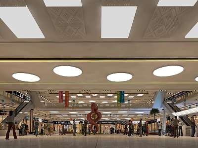 Shopping Mall Atrium With Ceiling Design Round Lights Colorful Banners Central Sculpture Escalators And People 3d model