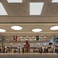 Shopping Mall Atrium With Ceiling Design Round Lights Colorful Banners Central Sculpture Escalators And People