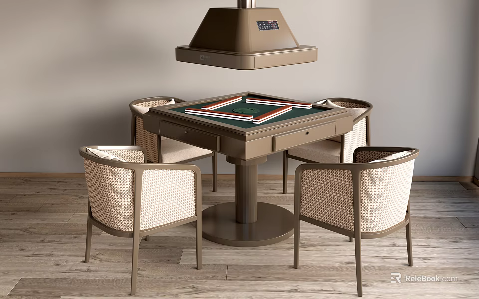 Modern Entertainment Table Featuring Green Gaming Surface And Wicker Chairs With Overhead Lamp 3d model 