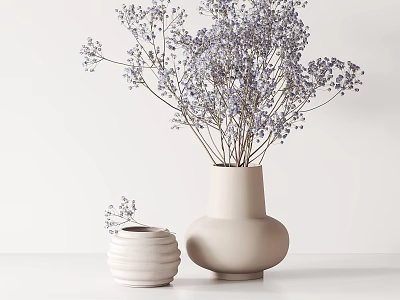 Elegant Beige Vase with Purple Small Flowers and Decorative Jar in Minimalist White Setting 3d model