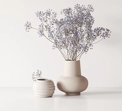 Elegant Beige Vase with Purple Small Flowers and Decorative Jar in Minimalist White Setting 3d model