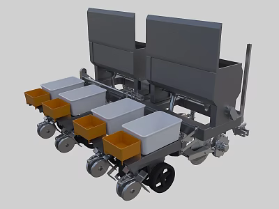 Multi Unit Mechanical Agricultural Equipment With White And Orange Boxes And Wheels For Seeding 3d model