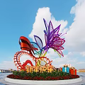 Vibrant Flower Shaped Garden Ornament With Red Lanterns Cartoon Tiger And Green Plants