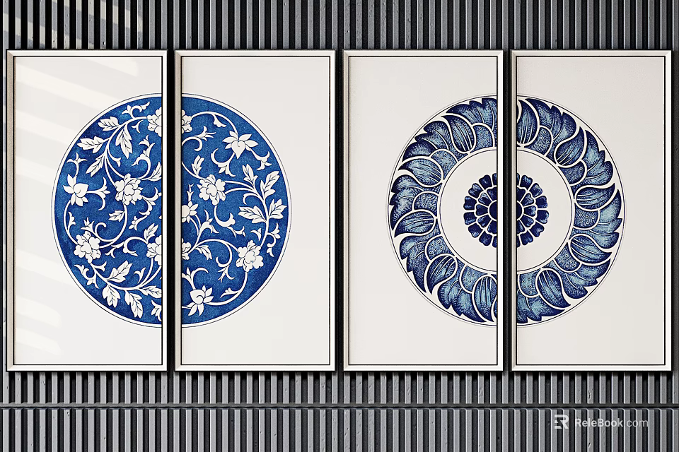 Blue And White Circular Floral Pattern Wall Art With Traditional Chinese Design Elements 3d model