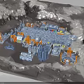 Industrial Building Complex in Snowy Terrain with Oil Wells Storage Tanks and Pipelines