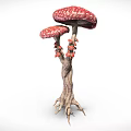 Mushroom Shaped Decorative Ornament Set With Two Red White Spotted Caps Tree Trunk And Roots