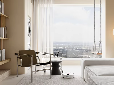 Modern Living Room Interior With Floor to Ceiling Window Swing Chair Bookshelf And Robot Vacuum 3d model