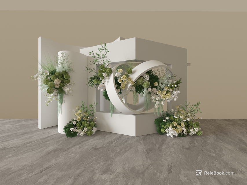 Elegant Modern Floral Installation With White Cube Structure Circular Decor White Flowers And Green Plants 3d model 