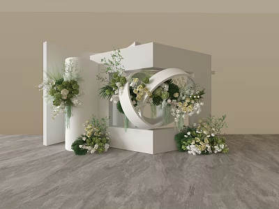 Elegant Modern Floral Installation With White Cube Structure Circular Decor White Flowers And Green Plants 3d model