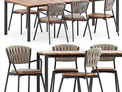 Dining Table Set with Wooden Top Metal Legs and Woven Backrest Chairs 3d model