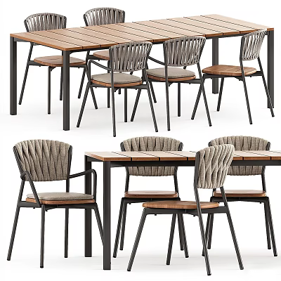 Dining Table Set with Wooden Top Metal Legs and Woven Backrest Chairs 3d model