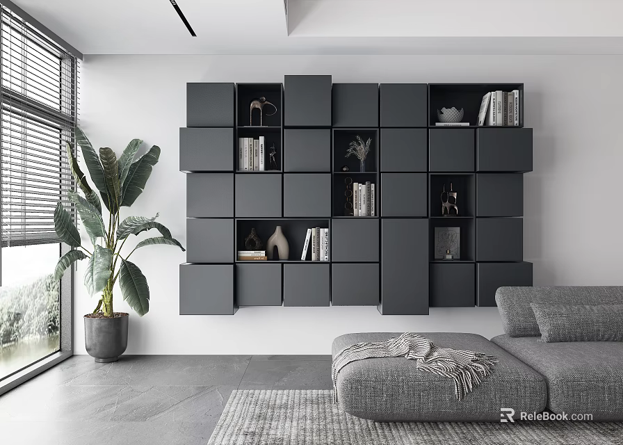 Modern Modular Cube Bookcase With Books Decorative Items In Living Room With Sofa And Plant 3d model 