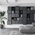 Modern Modular Cube Bookcase With Books Decorative Items In Living Room With Sofa And Plant