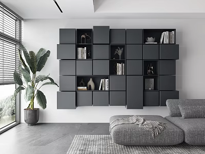 Modern Modular Cube Bookcase With Books Decorative Items In Living Room With Sofa And Plant 3d model