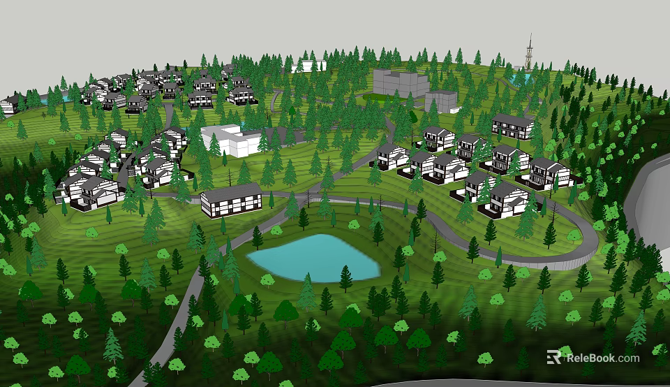 Scenic Residential Community With Green Trees Lake Houses And Curved Roads 3d model 