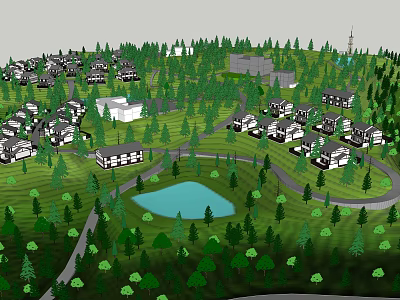 Scenic Residential Community With Green Trees Lake Houses And Curved Roads 3d model