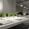 Modern Public Office Space With Long Table Hanging Lights Notebooks Pens And Green Plants