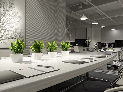 Modern Public Office Space With Long Table Hanging Lights Notebooks Pens And Green Plants 3d model