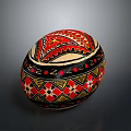Traditional Decorative Painted Sphere With Red Black Geometric Patterns And Ornate Designs