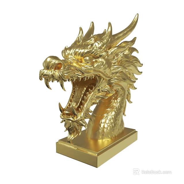 Ornate Golden Dragon Head Sculpture With Intricate Details And Base Stand 3d model 