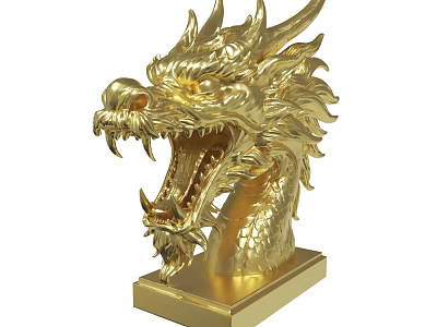 Ornate Golden Dragon Head Sculpture With Intricate Details And Base Stand 3d model