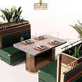 Elegant Public Chair With Green Upholstery Metal Frame Dining Tables Plants And Pendant Lights