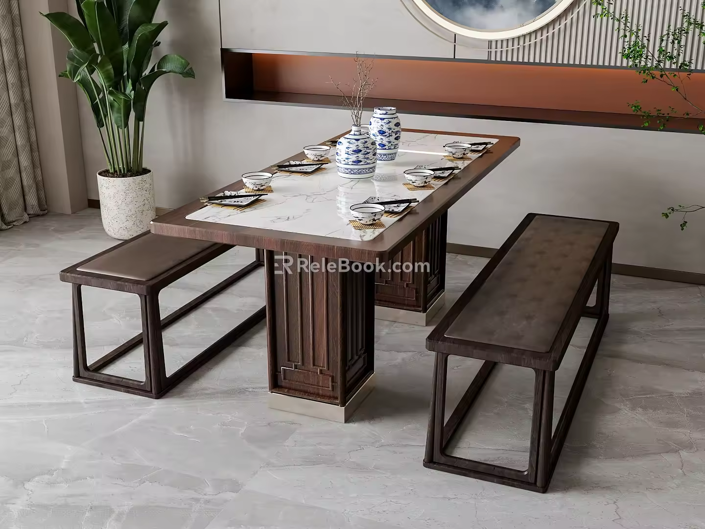 New Chinese Dining Table Stool Combination 3d model