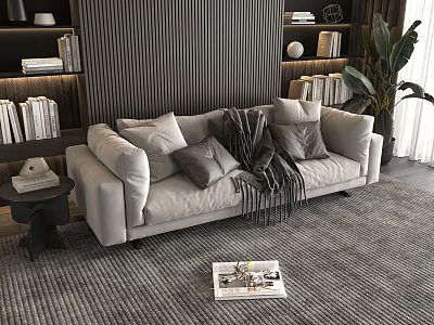 Light Gray Double Sofa With Plush Pillows Cozy Blanket Bookshelves And Green Plant 3d model