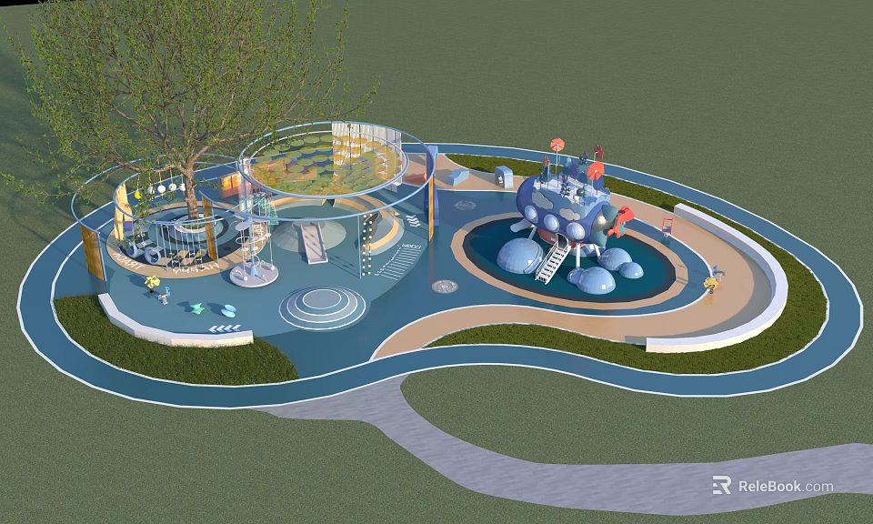 Colorful Children's Play Area Design With Circular Play Structures Slides Trees And Climbing Features 3d model 