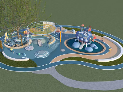 Colorful Children's Play Area Design With Circular Play Structures Slides Trees And Climbing Features 3d model