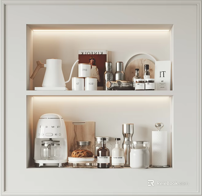 Lit White Kitchen Shelf with Coffee Machine Kettle Mugs Jars and Wooden Cutting Board 3d model 