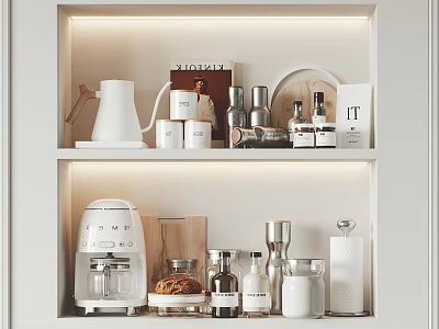 Lit White Kitchen Shelf with Coffee Machine Kettle Mugs Jars and Wooden Cutting Board 3d model