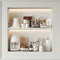 Lit White Kitchen Shelf with Coffee Machine Kettle Mugs Jars and Wooden Cutting Board
