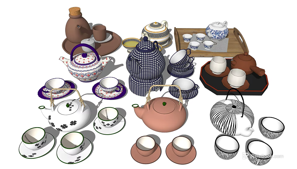 Assorted Ceramic Tea Set Collection With Teapots Cups Saucers And Trays 3d model