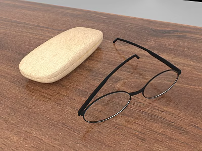 Beige Glasses Case And Black Eyeglasses Placed On Wooden Table Top 3d model