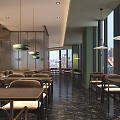 Elegant Restaurant Interior with Green Walls Wooden Elements Glass Partition and Round Decor