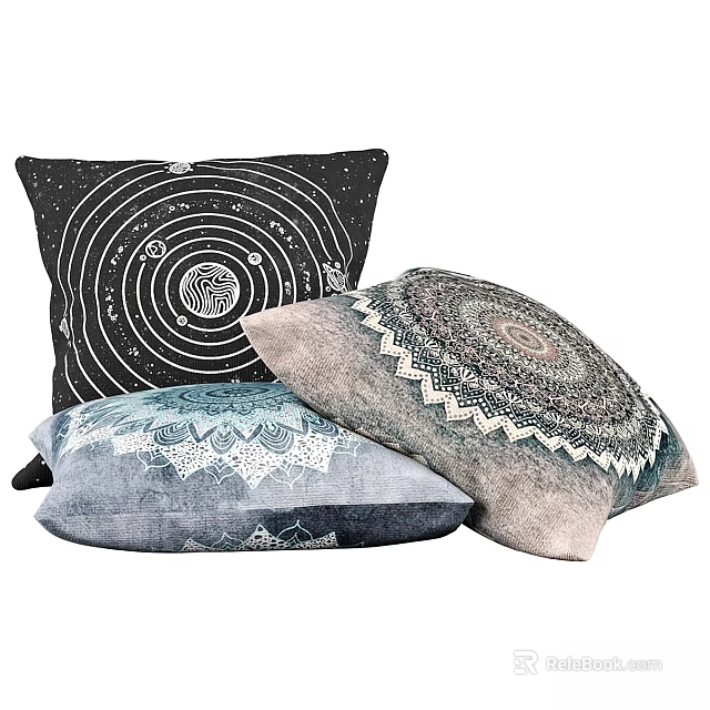 Stylish Decorative Pillows With Mandala And Geometric Patterns In Black Gray Blue Tones 3d model 