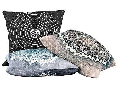 Stylish Decorative Pillows With Mandala And Geometric Patterns In Black Gray Blue Tones 3d model